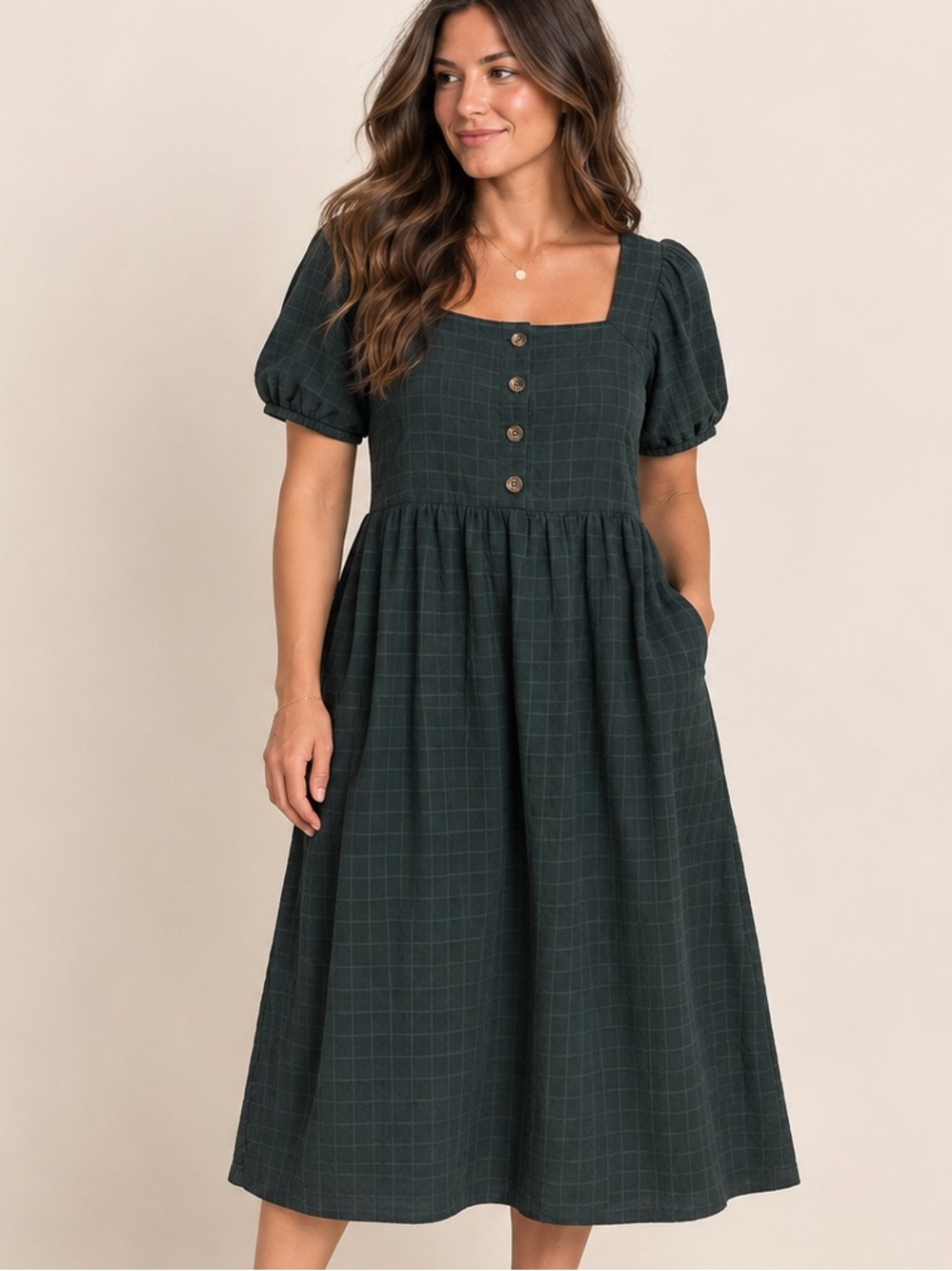 Madewell Dark Green Checkered Square Neck Puff Sleeve Midi Dress Size L